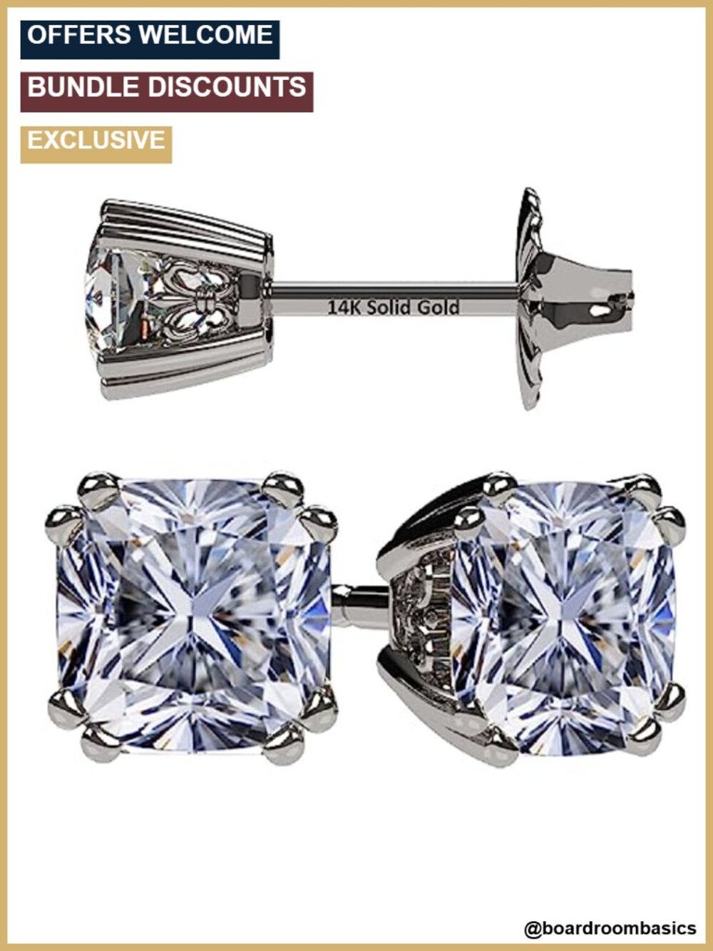 Cushion Cut Simulated Diamond Stud Earrings 14K Gold Post CZ
